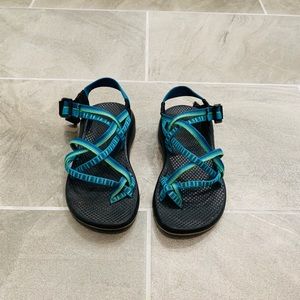 green and blue lightly work chacos!